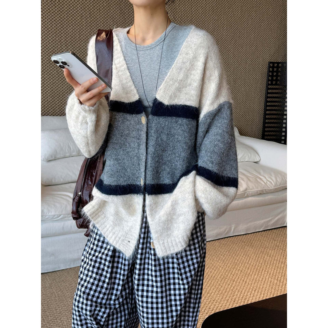 Damen Weicher Oversize-Strickcardigan mit V-Ausschnitt, Blockstreifen und Knopfleiste Drune