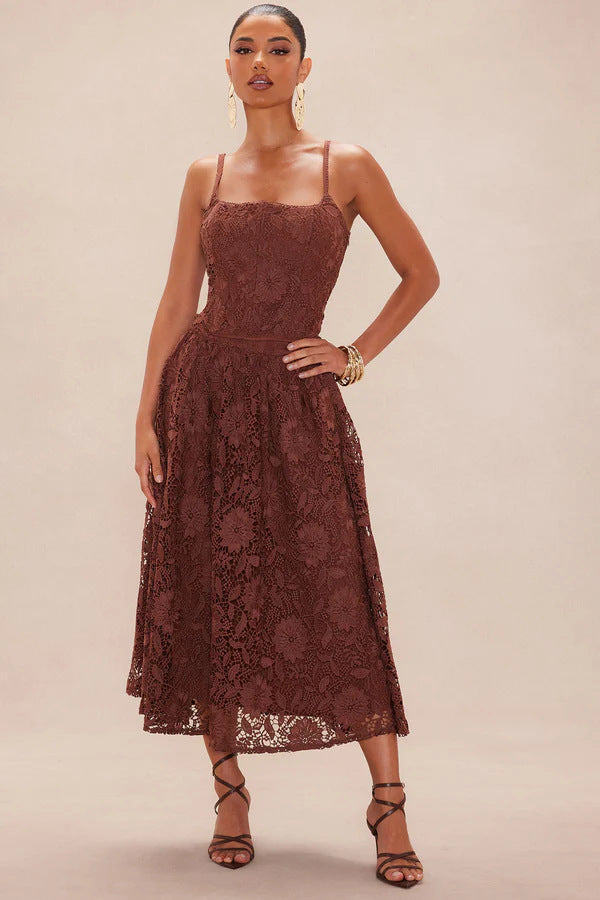 Damen Spitzen-Midi-Kleid mit zartem Blumenmuster und schwingendem Rock Drune