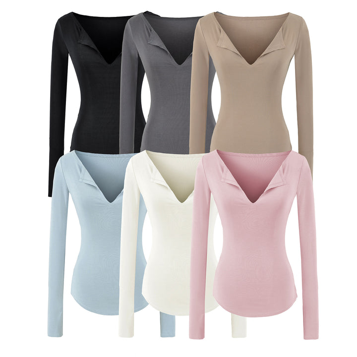 Damen Figurbetontes Rippenstrick-Longsleeve mit tiefem V‑Ausschnitt und Kragenblende Drune