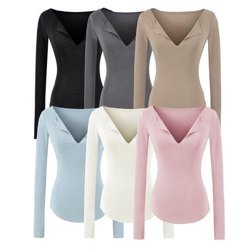 Damen Figurbetontes Rippenstrick-Longsleeve mit tiefem V‑Ausschnitt und Kragenblende Drune