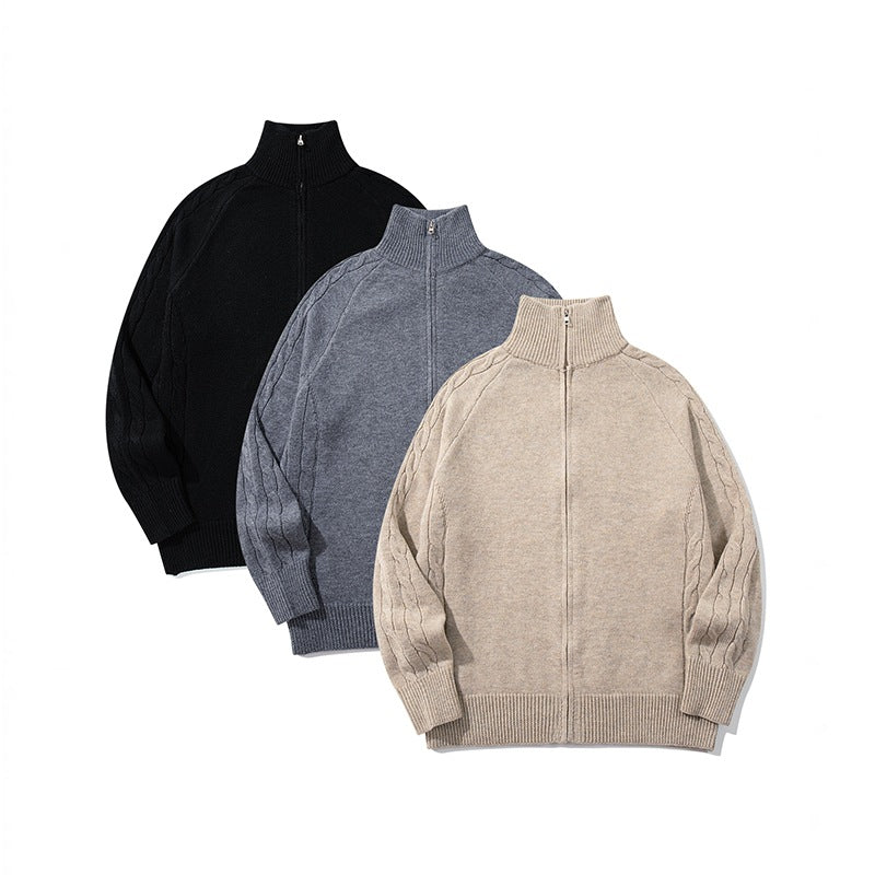 Herren Grobstrick‑Zipjacke mit Funnelkragen, Raglanärmeln und Zopfmuster Drune