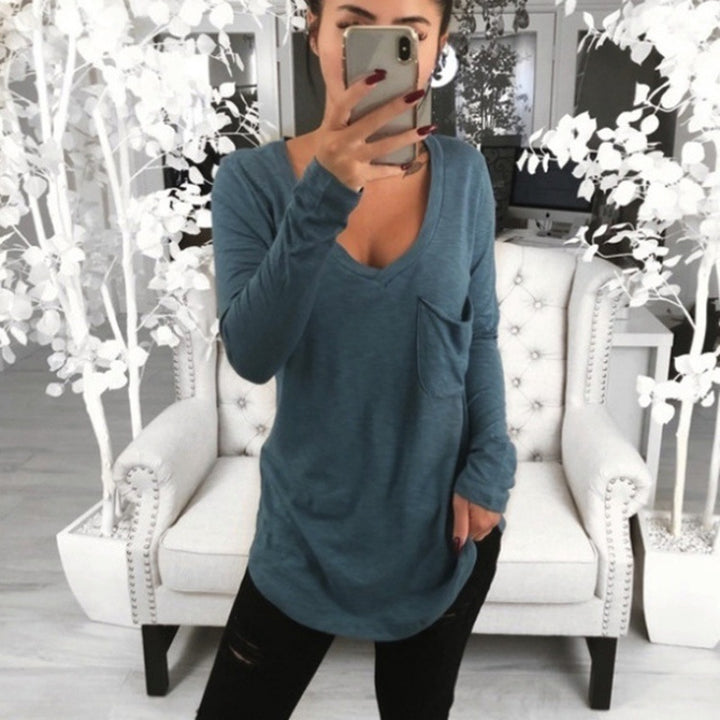 Damen Lässige Oversize Tunika mit V‑Ausschnitt, Brusttasche und verlängertem Saum Drune
