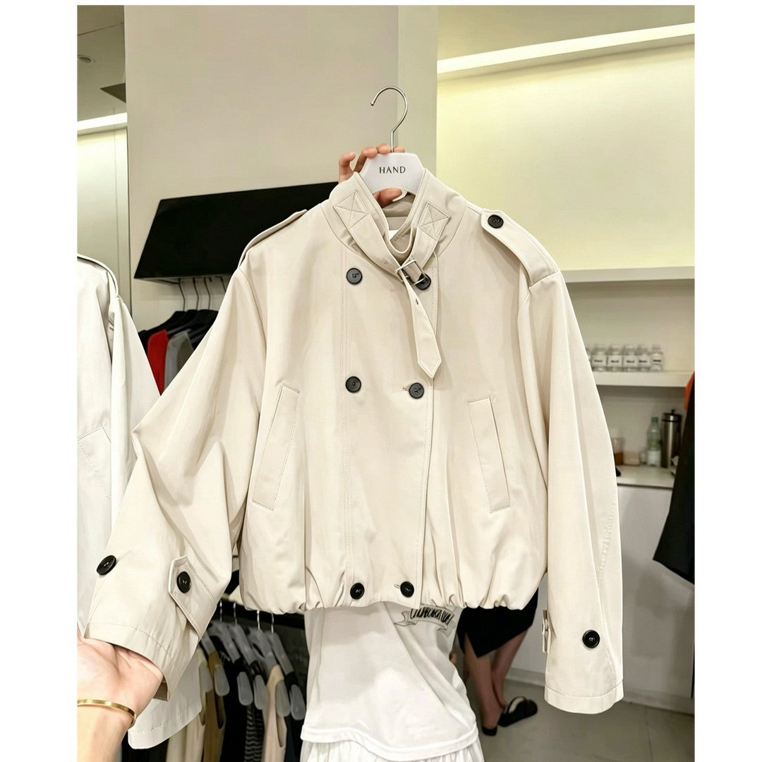 Damen Kurze Blouson‑Trenchjacke mit Stehkragen, doppelreihiger Knopfleiste und Gummizugsaum Drune