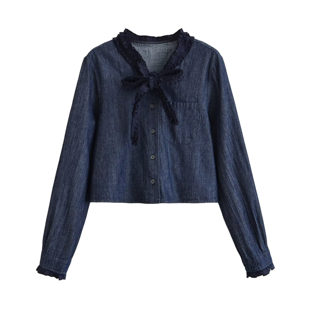 Damen Weite Denim-Hose mit Wickelrock-Overlay und Bindebändern Drune