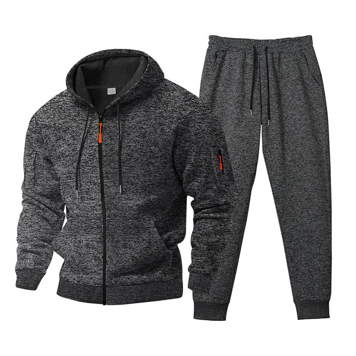 Herren nan meliertes Kapuzen-Sweatset mit durchgehendem Reißverschluss, Reißverschluss-Armtasche und Kordelzug-Jogginghose Drune