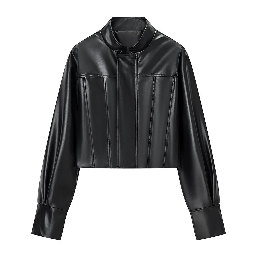 Damen nan kurze vegane Lederjacke im Cropped‑Korsettstil mit Stehkragen Drune