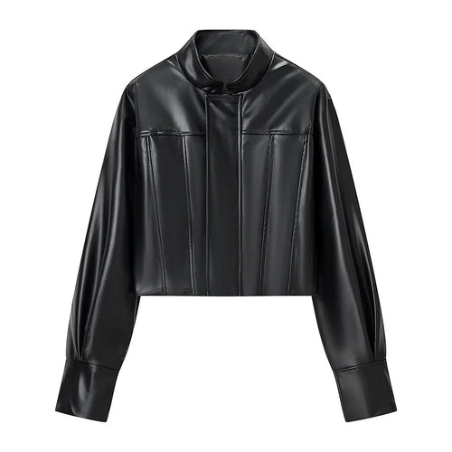 Damen nan kurze vegane Lederjacke im Cropped‑Korsettstil mit Stehkragen Drune