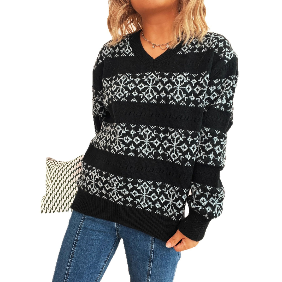 Damen Strickpullover im nordischen Muster mit tiefem V-Ausschnitt Drune