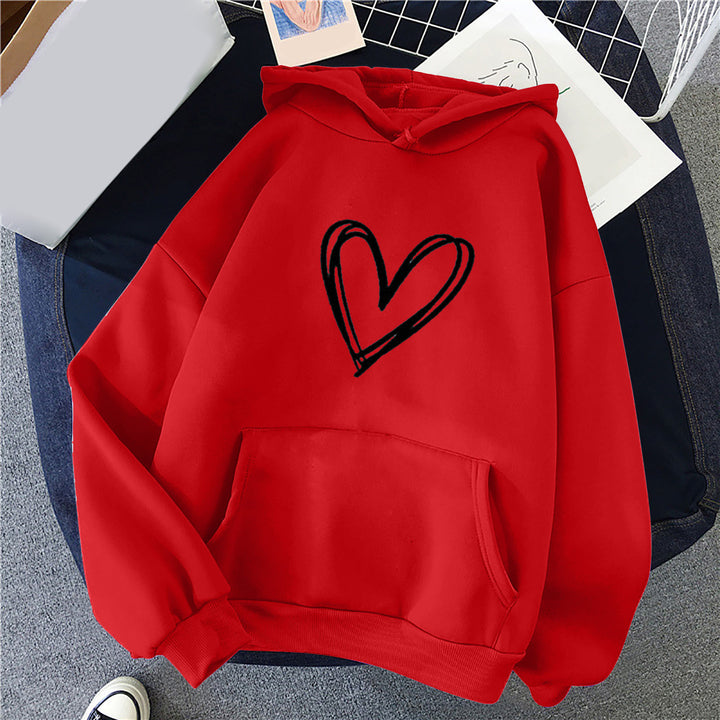 Damen nan oversized Kapuzenpullover mit handgezeichnetem Herzprint, Kängurutasche und weichem Fleece-Innenfutter Drune