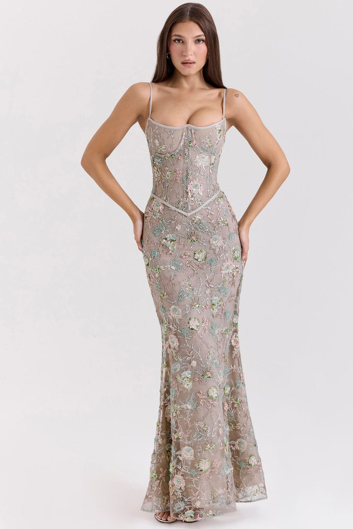 Damen nan elegantes besticktes Abendkleid mit Korsettoberteil und transparentem Spitzenüberzug Drune