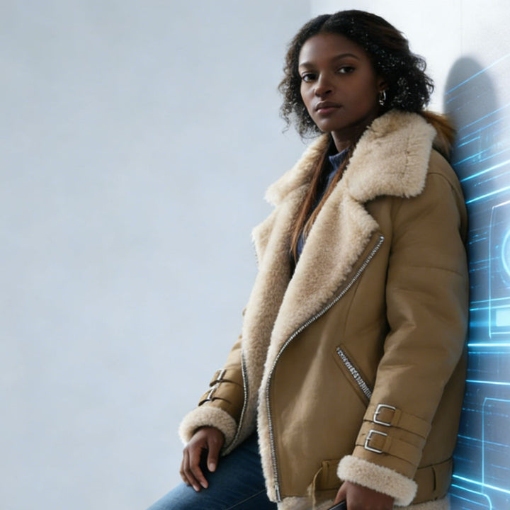 Damen Kurzjacke im Fliegerstil mit abgesetztem Fellkragen und verstellbaren Schnallen Drune