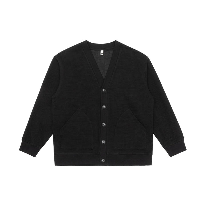Unisex Waffelstruktur-Cardigan mit V-Ausschnitt, Knopfleiste und aufgesetzten Eingrifftaschen Drune