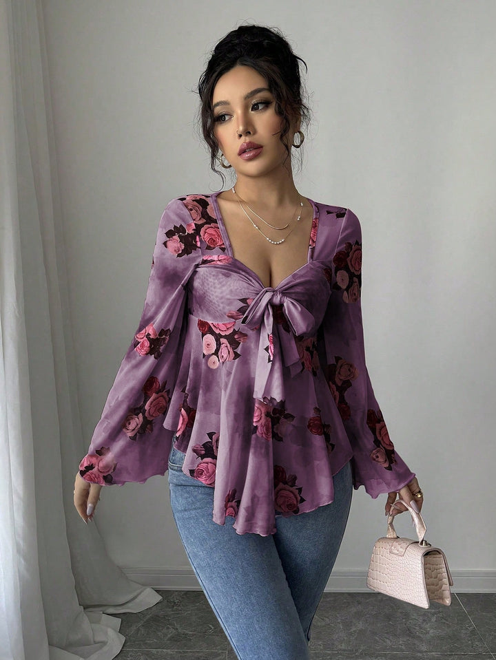 Damen Transparente Chiffon-Babydoll-Bluse mit Knotenfront und floralem Allover-Print Drune