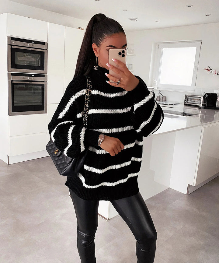 Damen gestreifter Oversized-Pullover mit modischem Rollkragen Drune