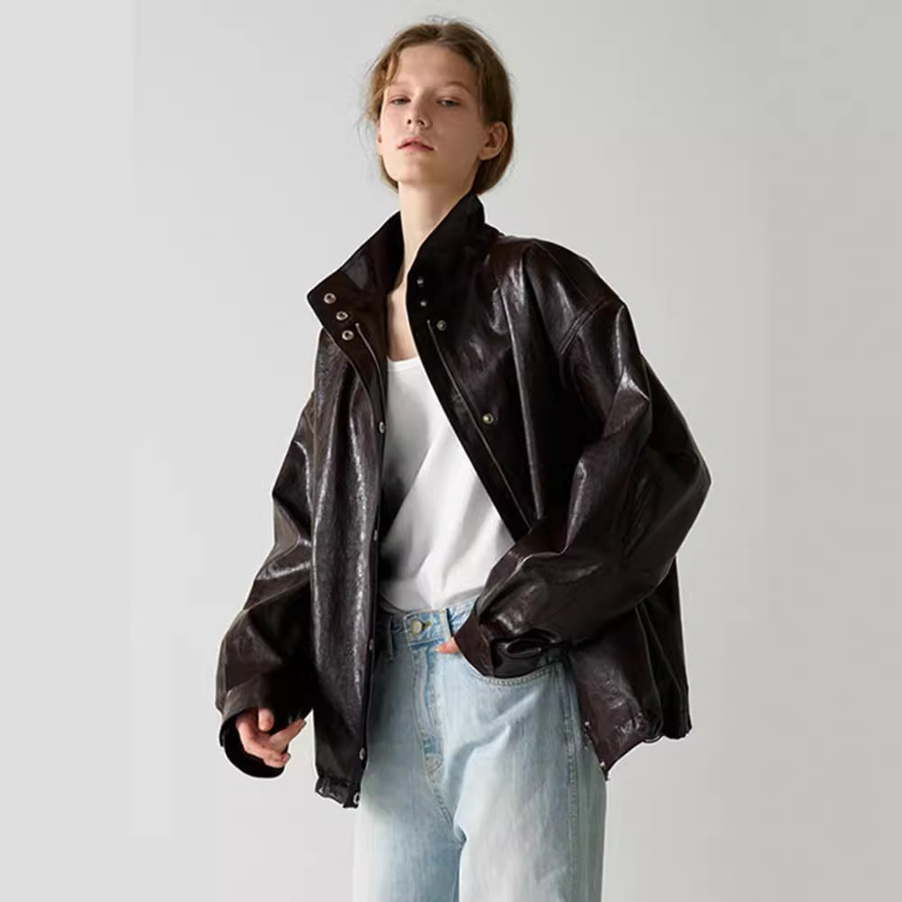 Damen modische Oversized-Lederjacke mit hohem Kragen und Druckknopfverschluss Drune