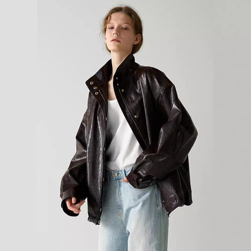 Damen modische Oversized-Lederjacke mit hohem Kragen und Druckknopfverschluss Drune