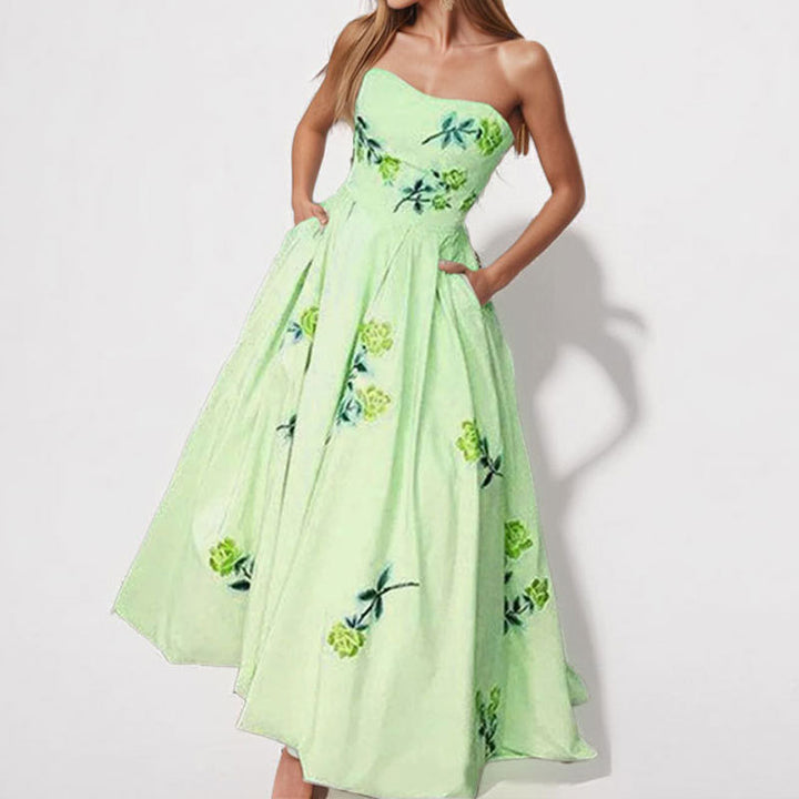 Damen Elegantes Strapless Maxikleid mit floralem Design und seitlichen Taschen Drune