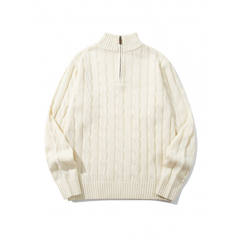 Unisex Grobgestrickter Halbreißverschluss-Zopfmuster-Pullover mit Stehkragen und gerippten Abschlüssen Drune