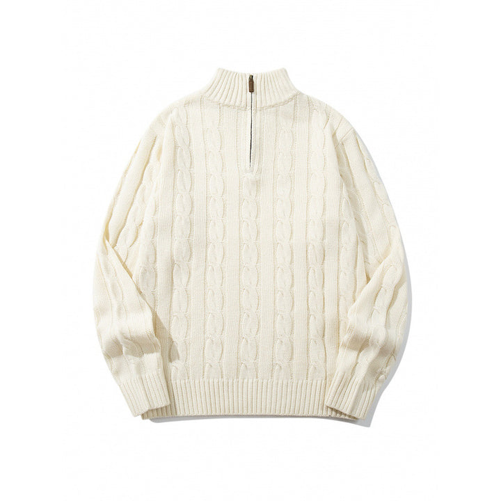 Unisex Grobgestrickter Halbreißverschluss-Zopfmuster-Pullover mit Stehkragen und gerippten Abschlüssen Drune