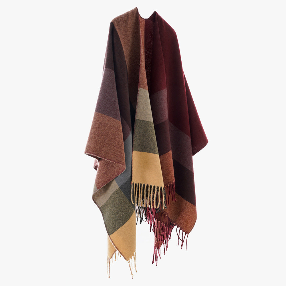 Damen Wollmix-Poncho mit Karomuster und Fransen Drune