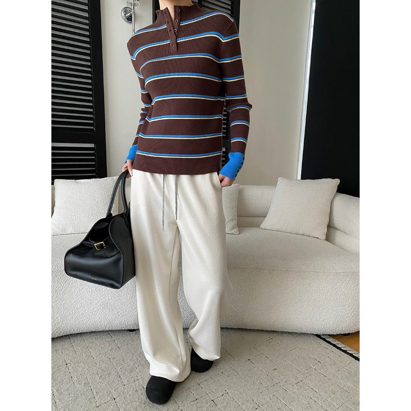 Damen hochwertiger Strickpullover im modernen Streifenlook mit Knopfleiste Drune