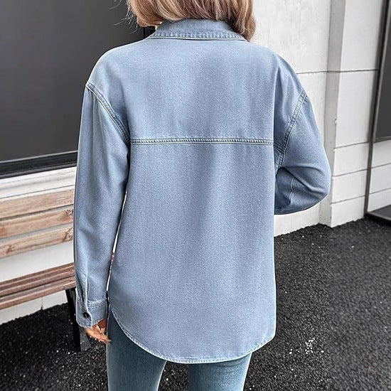 Damen Oversize Jeanshemdjacke im Washed-Look mit Brusttaschen und durchgehender Knopfleiste Drune