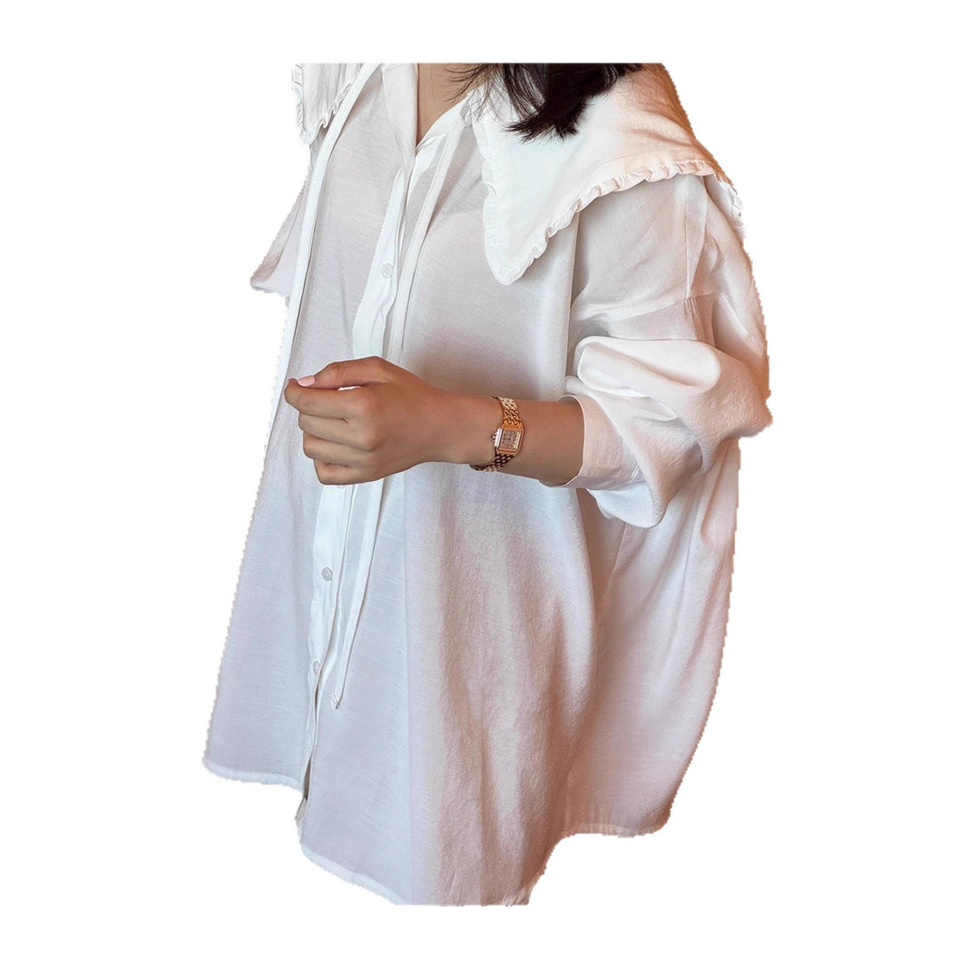 Damen Oversize-Hemdbluse mit großem Rüschenkragen und Krempelärmeln Drune