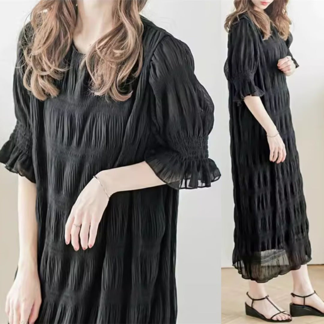 Damen Freizeitliches Maxikleid mit elastischen Puffärmeln und raffiniertem Strukturdesign Drune