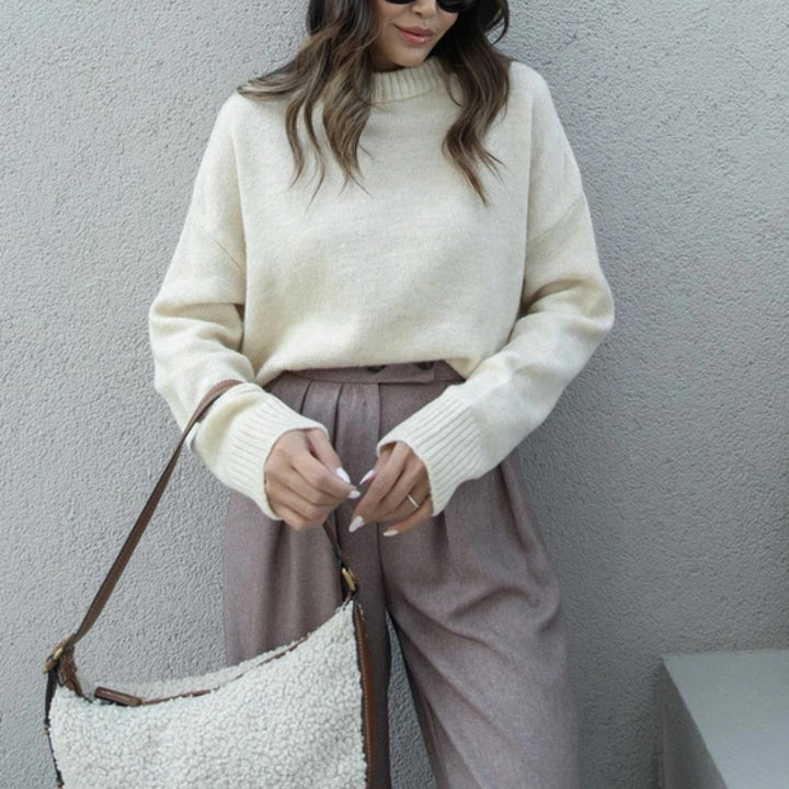 Damen Oversize-Feinstrickpullover mit kurzem Rumpf und geripptem Stehkragen Drune