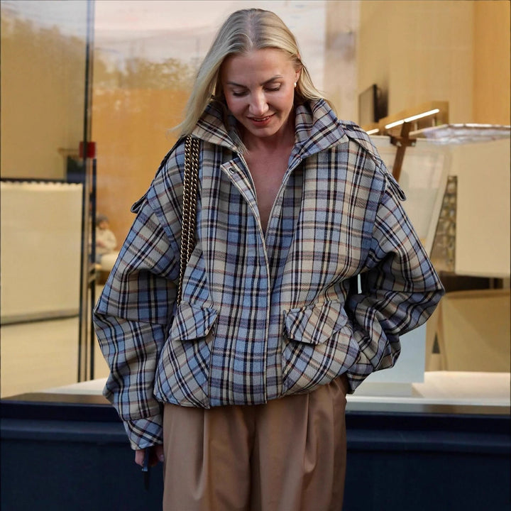 Damen Oversize-Karomantel im Boxy‑Schnitt mit Reißverschluss und Schulterklappen Drune