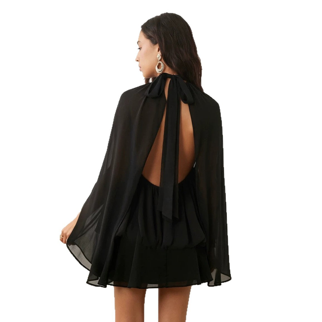 Damen Chiffon-Minikleid mit geraffter Blusentunika, Stehkragen und Volantrock Drune