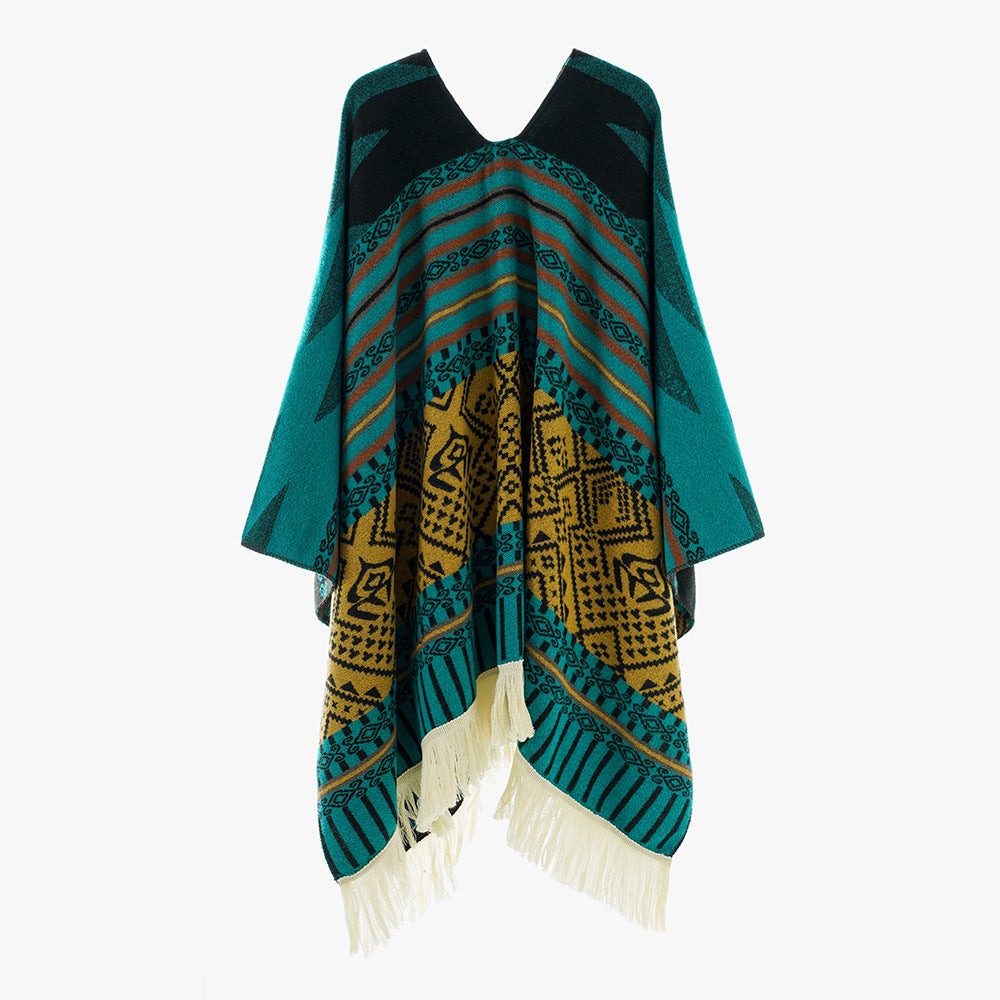 Damen Leichter Jacquard-Poncho mit Ethno-Motiv und Fransensaum Drune