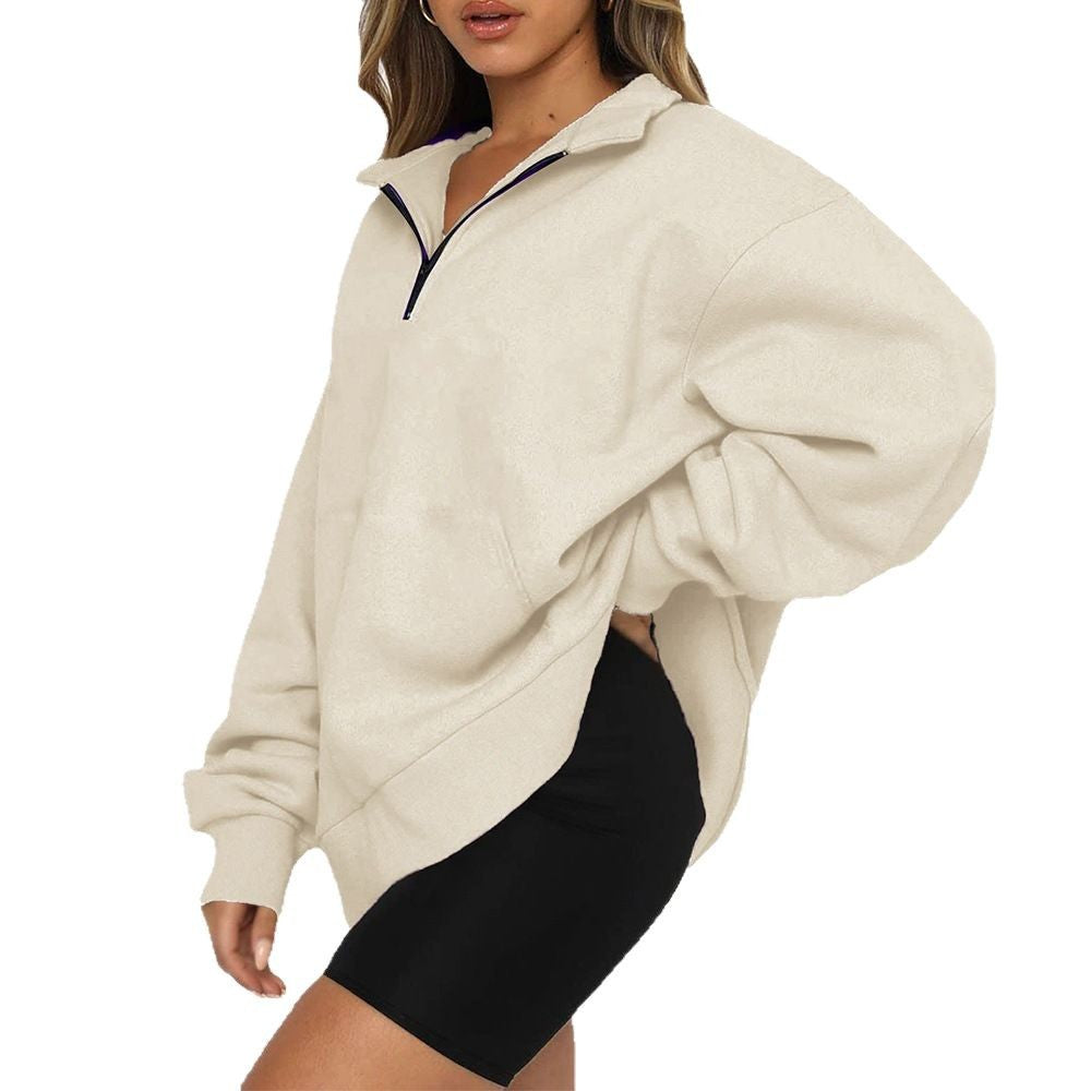 Damen nan Oversize-Halbzip-Kapuzenpullover mit Kängurutasche und verlängertem Saum Drune