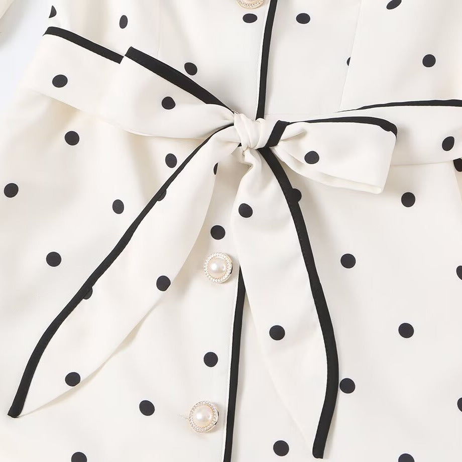 Damen Midi-Hemdblusenkleid mit Polka‑Dot, Kontrastpaspel und Taillengürtel Drune