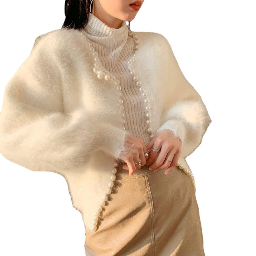 Damen Flauschige Strickjacke mit Perlenbesatz und modischem Schnitt Drune
