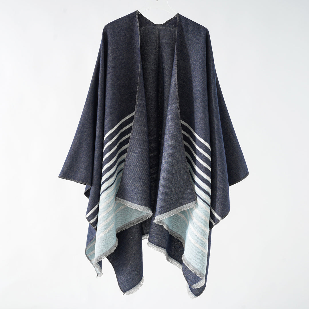 Damen Oversize-Umhangponcho im kastigen Fall mit diagonalem Streifenpanel und feinfransigem Saum Drune