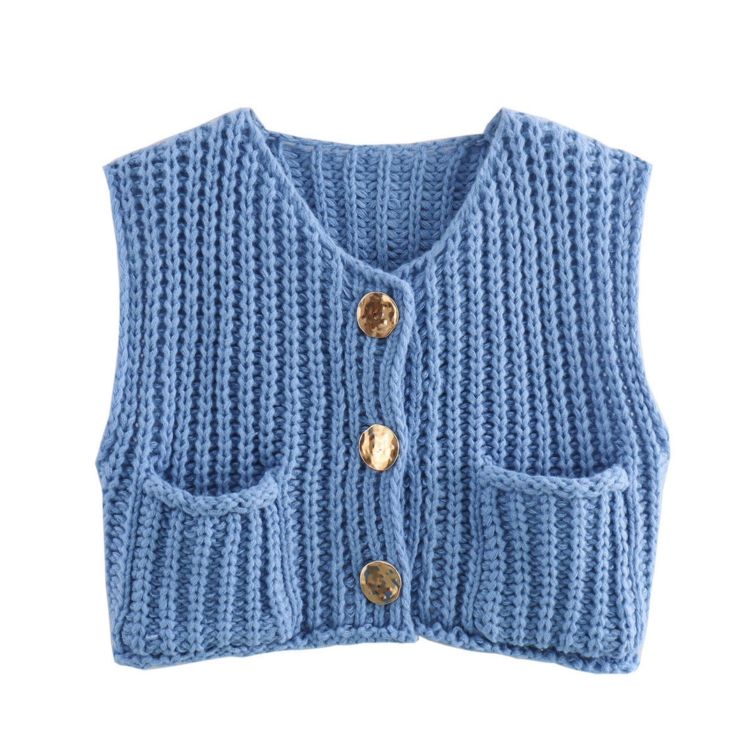 Damen Kurzgeschnittene Ärmellose Strickweste mit V-Ausschnitt und Zierknöpfen Drune