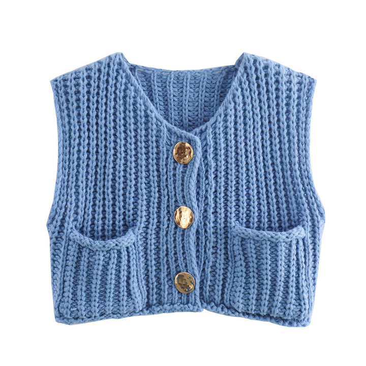 Damen Kurzgeschnittene Ärmellose Strickweste mit V-Ausschnitt und Zierknöpfen Drune