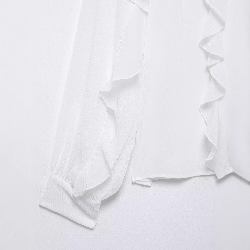 Damen nan romantische Chiffonbluse mit gerafftem Stehkragen, durchgehenden Volants und ballonförmigen Ärmeln Drune