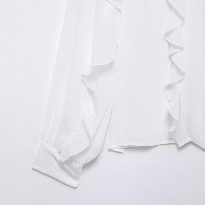 Damen nan romantische Chiffonbluse mit gerafftem Stehkragen, durchgehenden Volants und ballonförmigen Ärmeln Drune