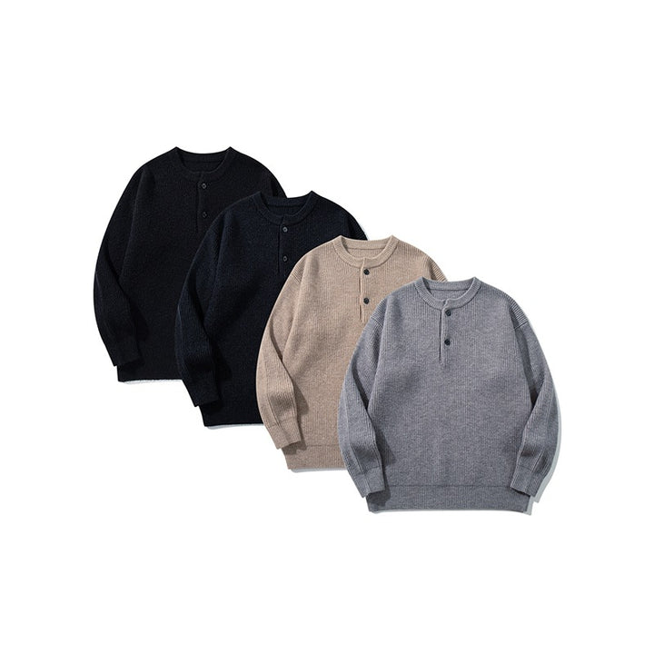 Herren Grobstrick-Henley-Pullover mit halber Knopfleiste und Rippbündchen Drune
