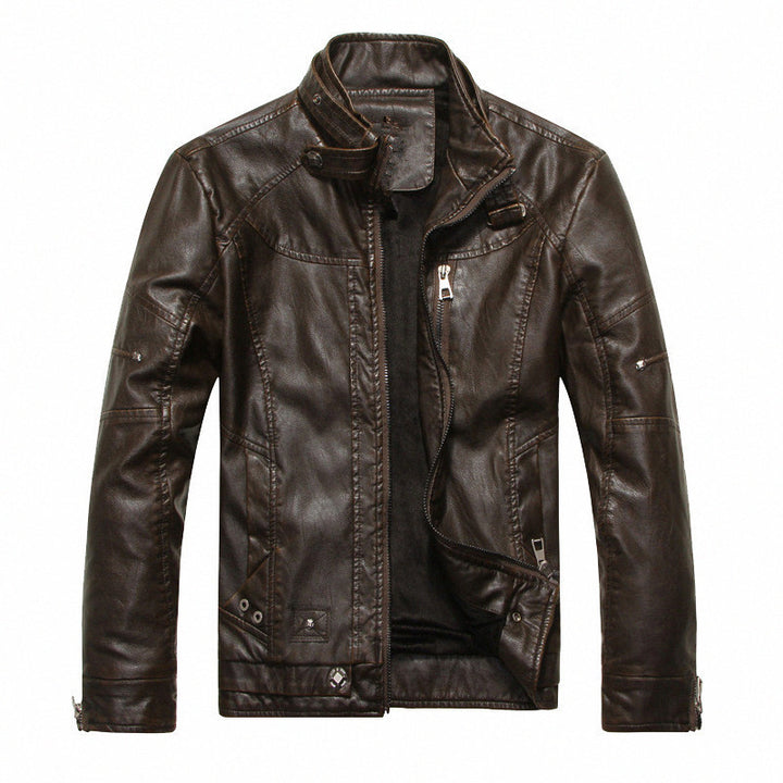 Herren Lederjacke im Vintage-Look mit Stehkragen und Mehrfachreißverschlüssen Drune