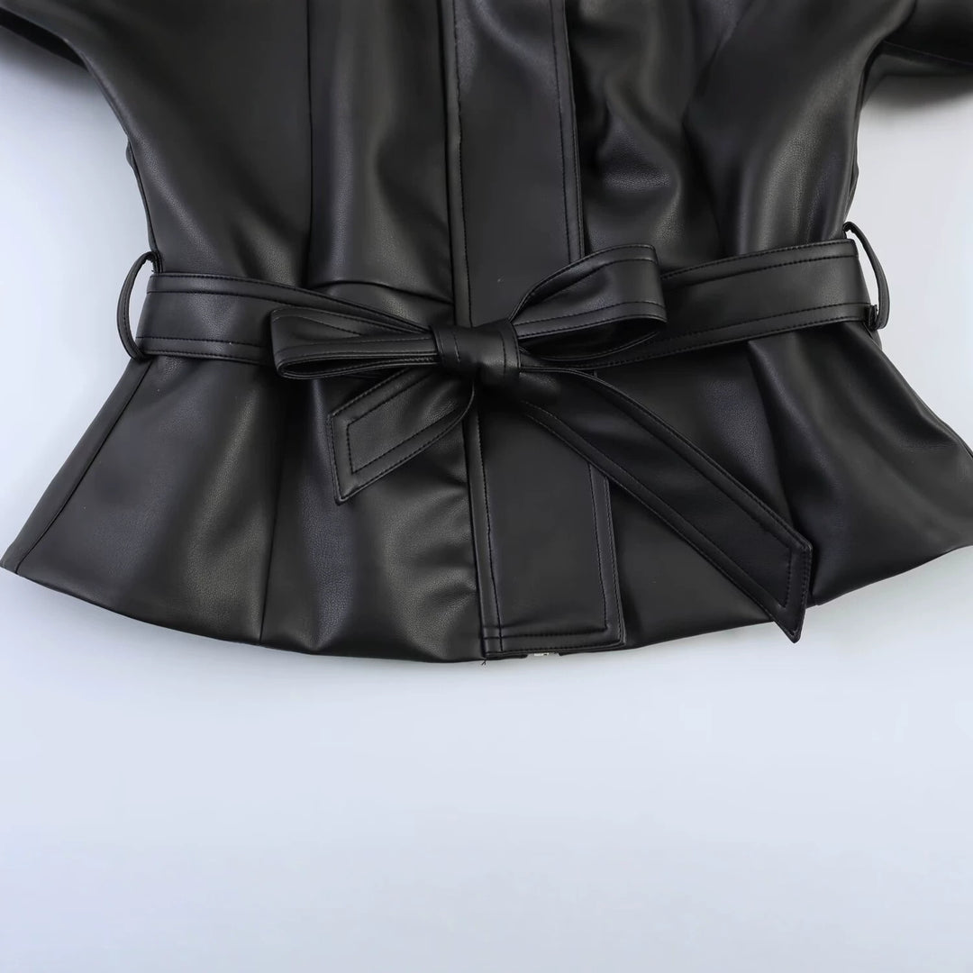 Damen Kurze Kunstlederjacke mit Taillengürtel und Oversized-Ärmeln Drune