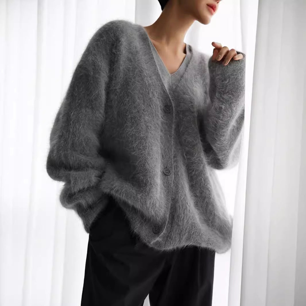 Damen kuschelige Strickjacke mit voluminösen Ärmeln und eleganten Knopfdetails Drune