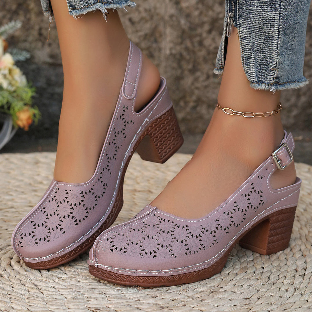 Damen  elegante Slingback-Pumps mit floralem Laser-Cut, gepolsterter Komfortinnensohle und stabilem Blockabsatz Drune