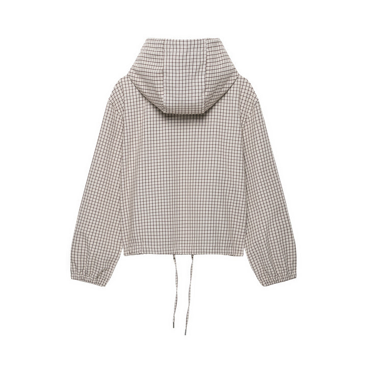 Damen Kariertes Cropped-Blouson mit Kapuze, Tunnelzug und Reißverschluss Drune