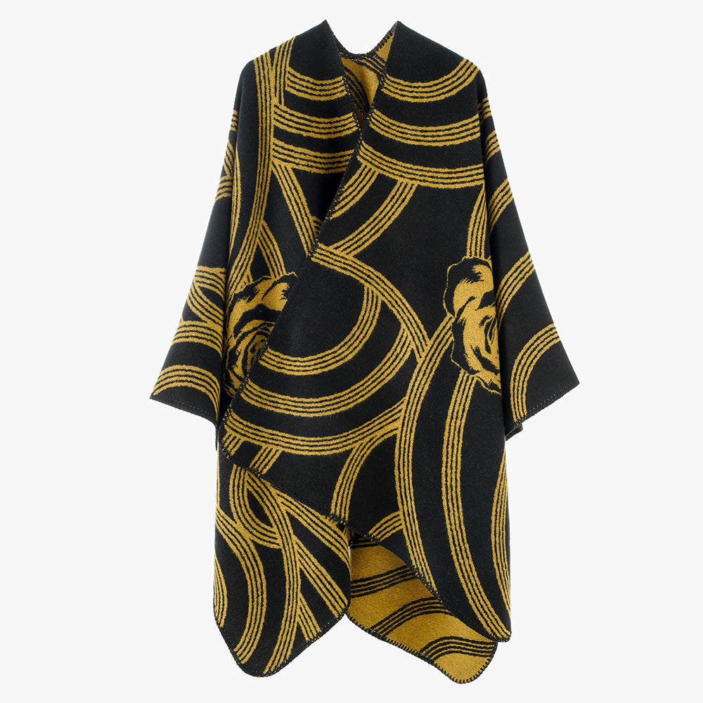 Damen Jacquard‑Capeponcho mit Rosendessin und Oversize‑Fall Drune