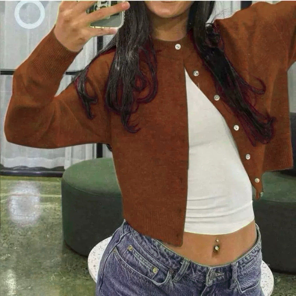 Damen Kurzgeschnittener Knopf-Cardigan im Cropped-Stil mit Rundhalsausschnitt Drune