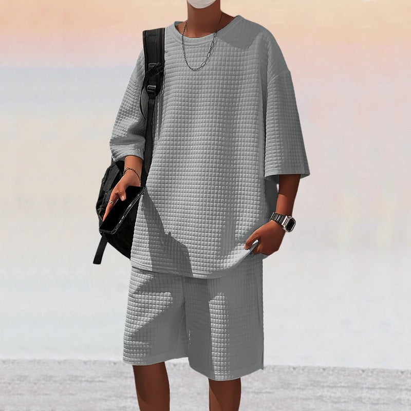 Herren nan quadratstruktur Freizeitset mit oversized Rundhalsshirt und knielangen Relax-Shorts Drune