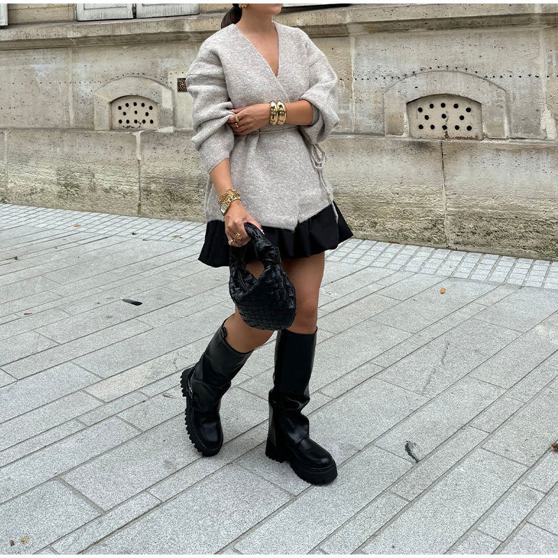 Damen eleganter Wickelstrickmantel mit Gürtel Drune